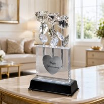 3 Illuminated 8" Platinum Roses in 5" Personalized Crystal Vase